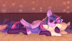 Size: 3500x1989 | Tagged: safe, artist:neonishe, imported from derpibooru, twilight sparkle, alicorn, pony, bed, clothes, cute, female, looking at you, mare, pentagram, pillow, prone, smiling, socks, solo, thigh highs, twiabetes, twilight sparkle (alicorn)