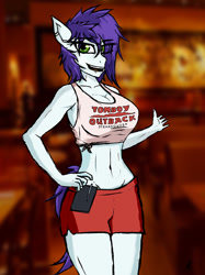 Size: 712x950 | Tagged: safe, artist:reload2, imported from derpibooru, oc, oc only, oc:burly bash, anthro, earth pony, clothes, female, females only, outback steakhouse, purple hair, shorts, solo, tomboy outback, waiter