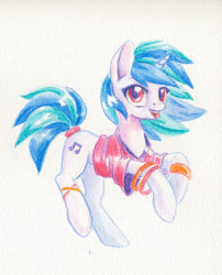 Size: 792x978 | Tagged: safe, artist:maytee, imported from derpibooru, dj pon-3, vinyl scratch, pony, unicorn, bracelet, clothes, colored pencil drawing, cute, female, jewelry, mare, shirt, simple background, smiling, solo, traditional art, vinylbetes, white background