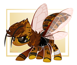 Size: 1917x1636 | Tagged: safe, artist:beautifulspaceshow, imported from derpibooru, oc, oc only, oc:hōnetto, hornet, insect, original species, pony, antennae, asian giant hornet, bandage, bandaid, black sclera, clothes, colored sclera, creepy, ear piercing, earring, eyebrow piercing, female, hornet pony, jacket, jewelry, leather jacket, lip piercing, mare, nose piercing, piercing, punk, raised hoof, scar, solo, spiked wristband, tattoo, wristband