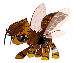 Size: 1917x1636 | Tagged: safe, alternate version, artist:beautifulspaceshow, imported from derpibooru, oc, oc only, oc:hōnetto, hornet, insect, original species, pony, antennae, asian giant hornet, bandage, bandaid, black sclera, clothes, colored sclera, creepy, ear piercing, earring, eyebrow piercing, female, hornet pony, jacket, jewelry, leather jacket, lip piercing, mare, nose piercing, piercing, punk, raised hoof, scar, simple background, solo, spiked wristband, tattoo, transparent background, wristband