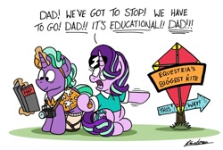 Size: 1024x690 | Tagged: safe, artist:bobthedalek, imported from derpibooru, firelight, starlight glimmer, pony, unicorn, atg 2020, camera, clothes, daughters gonna daughter, duo, father and child, father and daughter, female, hat, kite, male, map, mare, newbie artist training grounds, shirt, sign, socks with sandals, stallion, sunglasses, that pony sure does love kites