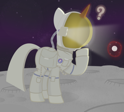 Size: 2200x2000 | Tagged: safe, artist:devfield, imported from derpibooru, pony, unicorn, astronaut, atg 2020, badge, bag, clothes, confused, crater, generic pony, golf ball, levitation, light, magic, moon, newbie artist training grounds, question mark, raised hoof, saddle bag, shading, shadow, solo, space, spacesuit, stars, telekinesis, tubes