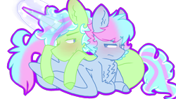 Size: 2560x1440 | Tagged: safe, artist:shinningblossom12, imported from derpibooru, oc, oc only, oc:melody song, oc:shining blossom, oc:shinning blossom, pegasus, pony, unicorn, blushing, chest fluff, colored hooves, gay, glowing horn, horn, male, oc x oc, pegasus oc, prone, shipping, simple background, stallion, transparent background, unicorn oc, wings