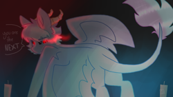 Size: 2560x1440 | Tagged: safe, artist:shinningblossom12, imported from derpibooru, oc, oc only, oc:shining blossom, oc:shinning blossom, demon, demon pony, original species, pony, candle, horn, leonine tail, looking back, red eyes, solo, sombra eyes, talking