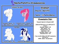 Size: 1600x1200 | Tagged: safe, artist:skylarpalette, imported from derpibooru, pinkie pie, oc, oc:swift, earth pony, pegasus, advertisement, commission info, commissions open, pegasus oc, text, wings