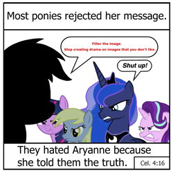 Size: 1600x1600 | Tagged: safe, imported from derpibooru, derpy hooves, princess luna, starlight glimmer, twilight sparkle, oc, oc:aryanne, alicorn, pegasus, pony, unicorn, comments locked down, crown, dialogue, frown, implied aryanne, jack chick, jewelry, meme, meta, most people rejected his message, nazi, op has a point, peytral, ponified meme, regalia, speech bubble, starlight vs aryanne