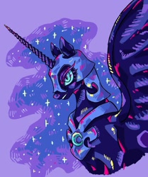 Size: 1080x1290 | Tagged: safe, alternate version, artist:lotharinart, imported from derpibooru, nightmare moon, alicorn, pony, bust, ethereal mane, female, helmet, mare, peytral, purple background, simple background, solo, starry mane