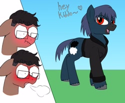 Size: 2800x2300 | Tagged: safe, artist:wolftendragon, imported from derpibooru, oc, earth pony, animal crossing, blushing, blushing profusely, dialogue, earth pony oc, glasses, roscoe, simp, simping, wide eyes