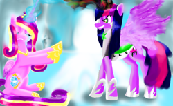 Size: 1360x839 | Tagged: safe, artist:moonmiyato, imported from derpibooru, princess cadance, twilight sparkle, alicorn, pony, altered cutie mark, armor, betrayal, bevor, boots, cape, chestplate, clothes, corrupted, corrupted element of harmony, corrupted element of magic, corrupted twilight sparkle, criniere, croupiere, crying, cuirass, dark magic, darklight, darklight sparkle, duo, evil grin, eyes closed, fauld, female, glowing horn, gorget, greaves, grin, helmet, horn, jewelry, magic, necklace, pauldron, peytral, plackart, queen sombra (twilight), queen twilight, queen twilight sombra, queen twilight sparkle, regalia, robe, shoes, smiling, sombra eyes, spread wings, tiara, twilight sparkle (alicorn), wings