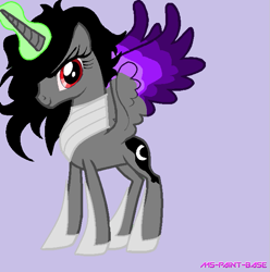 Size: 651x655 | Tagged: safe, alternate version, artist:moonmiyato, imported from derpibooru, princess luna, alicorn, pony, alternate hairstyle, base used, bevor, boots, colored wings, corrupted luna, dark magic, dark princess, female, glowing horn, gorget, horn, lavender background, magic, no tail, palette swap, recolor, red eyes, shoes, simple background, solo, two color wings, two toned wings, unfinished edit, wings