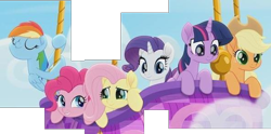 Size: 596x296 | Tagged: safe, edit, imported from derpibooru, screencap, applejack, fluttershy, pinkie pie, rainbow dash, rarity, twilight sparkle, alicorn, earth pony, pegasus, pony, unicorn, rainbow roadtrip, cropped, eyes closed, female, hot air balloon, looking down, mane six, mare, picture for breezies, scared, smiling, twilight sparkle (alicorn)