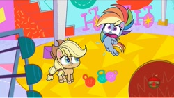 Size: 1513x855 | Tagged: safe, imported from derpibooru, screencap, applejack, rainbow dash, pony, cute-pocalypse meow, my little pony: pony life, spoiler:pony life s01e03, g4.5, gymnasium, pain, treehouse logo, weights