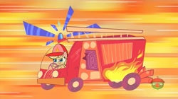 Size: 1513x849 | Tagged: safe, imported from derpibooru, screencap, applejack, pony, how applejack got her hat back, my little pony: pony life, spoiler:pony life s01e04, driving, fire engine, firefighter helmet, firemare jack, g4.5, helmet, treehouse logo, truck, vehicle