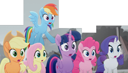 Size: 960x549 | Tagged: safe, imported from derpibooru, screencap, applejack, fluttershy, pinkie pie, rainbow dash, rarity, twilight sparkle, alicorn, earth pony, pegasus, pony, unicorn, rainbow roadtrip, applejack's hat, cowboy hat, cropped, female, flying, gasp, hat, hope hollow, mane six, mare, open mouth, panorama, reaction image, shocked, simple background, transparent background, twilight sparkle (alicorn), wings