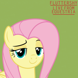 Size: 3500x3500 | Tagged: safe, artist:poniesmemes, derpibooru exclusive, imported from derpibooru, fluttershy, pegasus, pony, green background, implied gilda radner, ponified, ponified album cover, simple background, smug