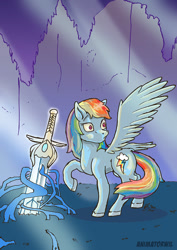 Size: 1000x1414 | Tagged: safe, artist:animatorwil, imported from derpibooru, rainbow dash, pony, atg 2020, female, newbie artist training grounds, solo, sword, weapon