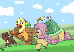 Size: 900x633 | Tagged: safe, artist:animatorwil, imported from derpibooru, angel bunny, applejack, fluttershy, winona, dog, griffon, pony, rabbit, yak, animal, atg 2019, flutteryak, griffonized, newbie artist training grounds, species swap, yakified