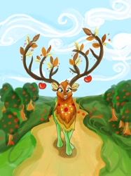 Size: 1024x1366 | Tagged: safe, artist:tamatria, imported from derpibooru, the great seedling, deer, elk, going to seed, apple, apple tree, female, solo, tree