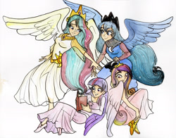 Size: 2769x2166 | Tagged: safe, artist:tamatria, imported from derpibooru, princess cadance, princess celestia, princess luna, twilight sparkle, human, alicorn tetrarchy, book, clothes, dress, humanized, twilight sparkle (alicorn), winged humanization, wings