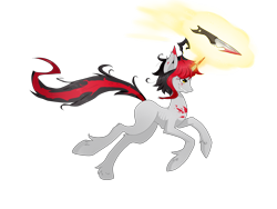 Size: 4000x3000 | Tagged: safe, artist:tomat-in-cup, imported from derpibooru, oc, oc only, pony, unicorn, blood, glowing horn, horn, knife, magic, messy mane, running, simple background, solo, telekinesis, transparent background, unicorn oc