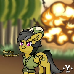 Size: 1980x1980 | Tagged: safe, artist:yelowcrom, imported from derpibooru, daring do, pegasus, pony, cool guys don't look at explosions, explosion, female, mare, newbie artist training grounds