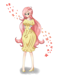 Size: 1322x1735 | Tagged: safe, artist:tomat-in-cup, imported from derpibooru, fluttershy, human, clothes, cute, dress, eyelashes, female, gloves, high heels, humanized, long gloves, shoes, shyabetes, smiling, solo, wrong eye color