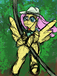 Size: 1500x2000 | Tagged: safe, artist:frostclaw, imported from derpibooru, fluttershy, pegasus, pony, atg 2020, bandana, clothes, explorer outfit, fedora, female, hat, newbie artist training grounds, sketch, vine