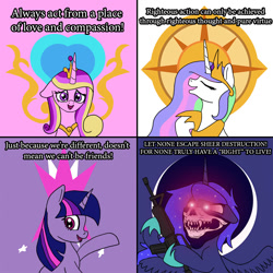 Size: 900x900 | Tagged: safe, artist:slamjam, imported from derpibooru, princess cadance, princess celestia, princess luna, twilight sparkle, alicorn, pony, unicorn, alicorn tetrarchy, comic, dissonant caption, female, glowing eyes, glowing eyes meme, gun, m4 carbine, mare, one of these things is not like the others, rifle, siege, skull mask, text, twilight sparkle (alicorn), unicorn twilight, weapon