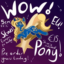 Size: 1500x1500 | Tagged: safe, artist:banoodle, imported from derpibooru, oc, oc:nebula, pony, unicorn, cape, clothes, con mascot, convention mascot, enamel pin, europe, europon, female, horn, mare, pin, pin badge, preorder, shooting star, smiling, smiling at you, stars, unicorn oc