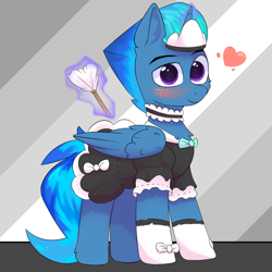 Size: 1500x1500 | Tagged: safe, artist:glazirka, imported from derpibooru, oc, oc:lightning star, alicorn, alicorn oc, blushing, clothes, feathered wings, heart, horn, magic, magic aura, maid, male, simple background, solo, stallion, telekinesis, wings