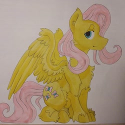 Size: 1080x1080 | Tagged: safe, alternate version, artist:c_owokie, imported from derpibooru, fluttershy, pegasus, pony, chest fluff, colored, female, fluffy, mare, smiling, solo, traditional art, unshorn fetlocks