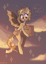 Size: 3000x4165 | Tagged: safe, artist:biskvit, imported from derpibooru, oc, oc only, oc:tinker (ice1517), cyborg, pegasus, pony, icey-verse, amputee, artificial wings, augmented, bag, box, cloud, commission, female, flying, letter, mail, mailbag, mailmare, mare, offspring, open mouth, package, parent:derpy hooves, parent:doctor whooves, parents:doctorderpy, prosthetic leg, prosthetic limb, prosthetic wing, prosthetics, sky, solo, wings, ych result