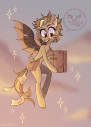 Size: 3000x4165 | Tagged: safe, alternate version, artist:biskvit, imported from derpibooru, oc, oc only, oc:tinker (ice1517), cyborg, pegasus, pony, icey-verse, amputee, artificial wings, augmented, bag, box, cloud, commission, female, flying, letter, mail, mailbag, mailmare, mare, offspring, open mouth, package, parent:derpy hooves, parent:doctor whooves, parents:doctorderpy, prosthetic leg, prosthetic limb, prosthetic wing, prosthetics, sky, solo, wings, ych result