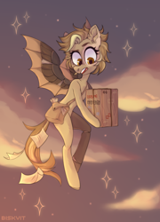 Size: 3000x4165 | Tagged: safe, alternate version, artist:biskvit, imported from derpibooru, oc, oc only, oc:tinker (ice1517), cyborg, pegasus, pony, icey-verse, amputee, artificial wings, augmented, bag, box, cloud, commission, female, flying, letter, mail, mailbag, mailmare, mare, offspring, open mouth, package, parent:derpy hooves, parent:doctor whooves, parents:doctorderpy, prosthetic leg, prosthetic limb, prosthetic wing, prosthetics, sky, solo, wings, ych result