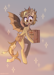 Size: 3000x4165 | Tagged: safe, alternate version, artist:biskvit, imported from derpibooru, oc, oc only, oc:tinker (ice1517), cyborg, pegasus, pony, icey-verse, amputee, artificial wings, augmented, bag, box, cloud, commission, female, flying, letter, mail, mailbag, mailmare, mare, offspring, open mouth, package, parent:derpy hooves, parent:doctor whooves, parents:doctorderpy, prosthetic leg, prosthetic limb, prosthetic wing, prosthetics, sky, solo, wings, ych result