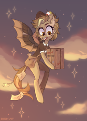 Size: 3000x4165 | Tagged: safe, alternate version, artist:biskvit, imported from derpibooru, oc, oc only, oc:tinker (ice1517), cyborg, pegasus, pony, icey-verse, amputee, artificial wings, augmented, bag, box, clothes, cloud, commission, female, flying, hat, letter, mail, mailbag, mailmare, mailmare hat, mailmare uniform, mare, offspring, open mouth, package, parent:derpy hooves, parent:doctor whooves, parents:doctorderpy, prosthetic leg, prosthetic limb, prosthetic wing, prosthetics, shirt, sky, solo, uniform, wings, ych result