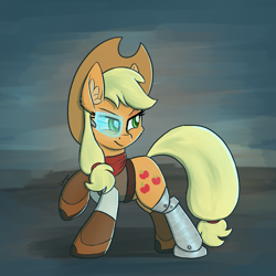 Size: 1250x1250 | Tagged: safe, artist:litrojia, imported from derpibooru, applejack, earth pony, pony, abstract background, amputee, applejack's hat, atg 2020, bandana, boots, clothes, cowboy, cowboy hat, cowboy outfit, female, future, futuristic, hat, looking back, mare, missing freckles, newbie artist training grounds, prosthetic leg, prosthetic limb, prosthetics, shoes, solo