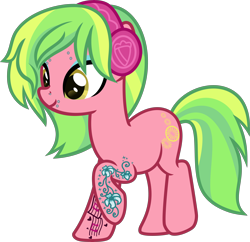 Size: 5000x4847 | Tagged: safe, artist:n0kkun, imported from derpibooru, lemon zest, earth pony, pony, commission, equestria girls ponified, eyebrow piercing, eyeshadow, female, headphones, makeup, mare, piercing, ponified, raised hoof, raised leg, simple background, snake bites, solo, tattoo, transparent background