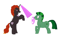 Size: 1695x1032 | Tagged: safe, artist:dzamie, imported from derpibooru, earth pony, pony, unicorn, atg 2020, digital art, female, lady wifi, male, mare, miraculous ladybug, newbie artist training grounds, ponified, rearing, simple background, stallion