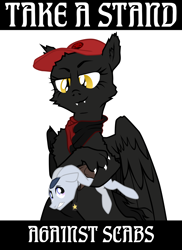 Size: 1440x1980 | Tagged: safe, artist:aaronmk, imported from derpibooru, oc, oc:sabotage, pony, anarchy, atg 2020, clothes, hat, holding a pony, iww, newbie artist training grounds, politics, scarf, size difference, union