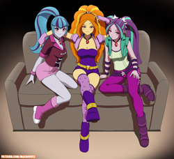 Size: 3168x2893 | Tagged: safe, artist:rambon7, imported from derpibooru, adagio dazzle, aria blaze, sonata dusk, human, equestria girls, rainbow rocks, bedroom eyes, blushing, breasts, cleavage, clothes, couch, crossed legs, female, gem, high res, legs, lidded eyes, looking at you, patreon, pigtails, ponytail, raised eyebrow, reasonably sized breasts, siren gem, sitting, spiked wristband, the dazzlings, thighs, trio, trio female, twintails, wristband