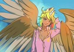 Size: 1400x988 | Tagged: safe, alternate version, artist:bakki, imported from derpibooru, oc, oc only, oc:rainbow feather, human, alicorn humanization, clothes, cloths, crown, dark skin, four wings, grifficorn humanization, horn, horned humanization, humanized, interspecies offspring, jewelry, magical lesbian spawn, messy hair, multiple wings, offspring, pajamas, parent:gilda, parent:rainbow dash, parents:gildash, princess, regalia, solo, winged humanization, wings