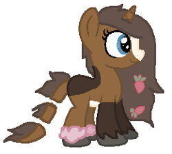 Size: 261x234 | Tagged: safe, artist:booty-bae-adopts, imported from derpibooru, oc, oc only, oc:strawberry cocoa, monster pony, pony, unicorn, accessories, accessory, blaze (coat marking), coat markings, colored hooves, facial markings, female, food, horn, long mane, looking forward, mare, monster mare, segmented tail, solo, strawberry, tail, unicorn oc, unshorn fetlocks