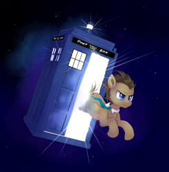 Size: 1404x1424 | Tagged: safe, artist:confetticakez, imported from derpibooru, doctor whooves, time turner, pony, atg 2020, clothes, doctor who, jumping, male, necktie, newbie artist training grounds, solo, space, stallion, tardis, the doctor
