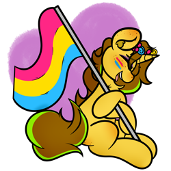 Size: 5000x5000 | Tagged: safe, artist:theawkwarddork, imported from derpibooru, oc, oc only, oc:awkward dork, pony, unicorn, absurd resolution, blushing, eyeshadow, femboy, flag, flag waving, floral head wreath, flower, freckles, makeup, male, pansexual, pansexual pride flag, pride, pride flag, pride month, solo