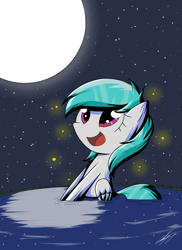 Size: 1586x2176 | Tagged: safe, artist:therandomjoyrider, imported from derpibooru, oc, oc:cotton heart, firefly (insect), insect, pegasus, cute, lake, moon, night, pegasus oc, stars, water, wings