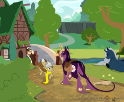 Size: 4134x3411 | Tagged: safe, artist:azraelartz, artist:theecchiqueen, imported from derpibooru, oc, oc only, oc:dust bunny, oc:hibiscus dusk, oc:montree haze, bat pony, pony, unicorn, bat pony oc, bat wings, bridge, building, clothes, digital art, horn, magic, male, resting, scarf, stallion, tree, unicorn oc, wings