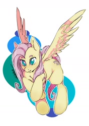 Size: 1280x1811 | Tagged: safe, artist:miphassl, imported from derpibooru, fluttershy, pegasus, pony, blushing, fanart, female, looking at you, mare, no pupils, open mouth, outline, simple background, smiling, solo, spread wings, white background, white outline, wings