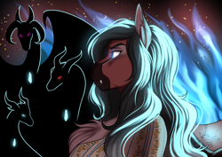 Size: 4051x2865 | Tagged: safe, artist:blackblood-queen, imported from derpibooru, oc, oc only, oc:lady lovegreen, anthro, anthro oc, chest fluff, clothes, curved horn, digital art, fangs, female, fire, horn, mare, red eyes, silhouette, slit eyes, slit pupils, story in the source, torn ear